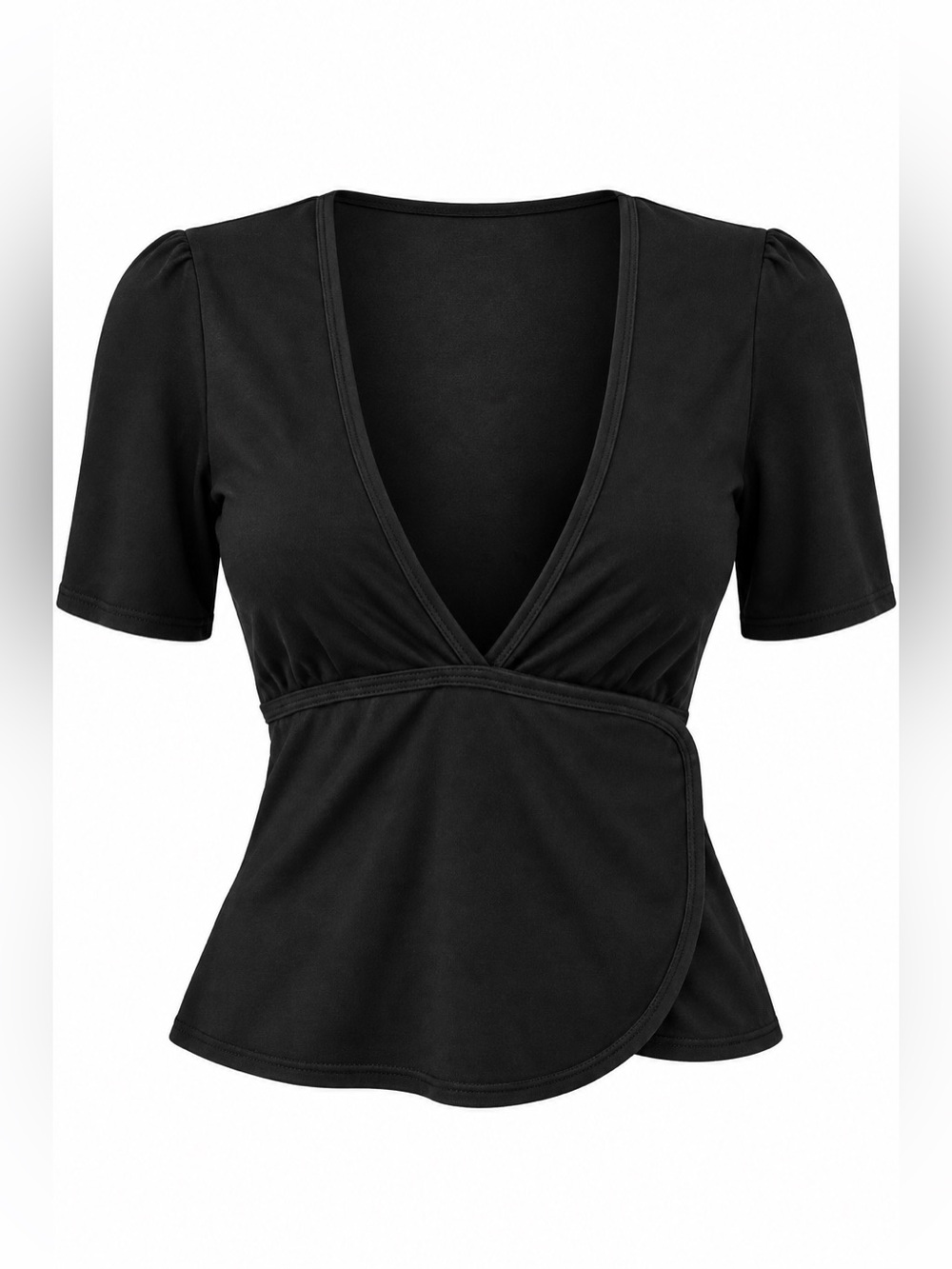 Black Deep V Neck Wrap Style Short Sleeve Top XXL